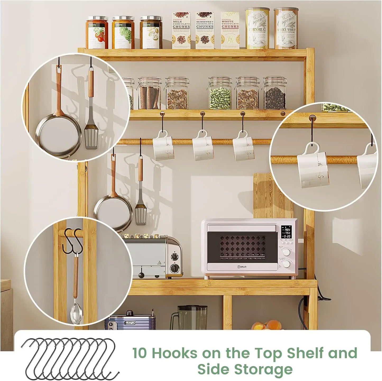 Bakers Rack with Power Outlets, 8-Tiers, Utility Storage and Microwave Stand, 10 "S" Hooks, 2 Sizes