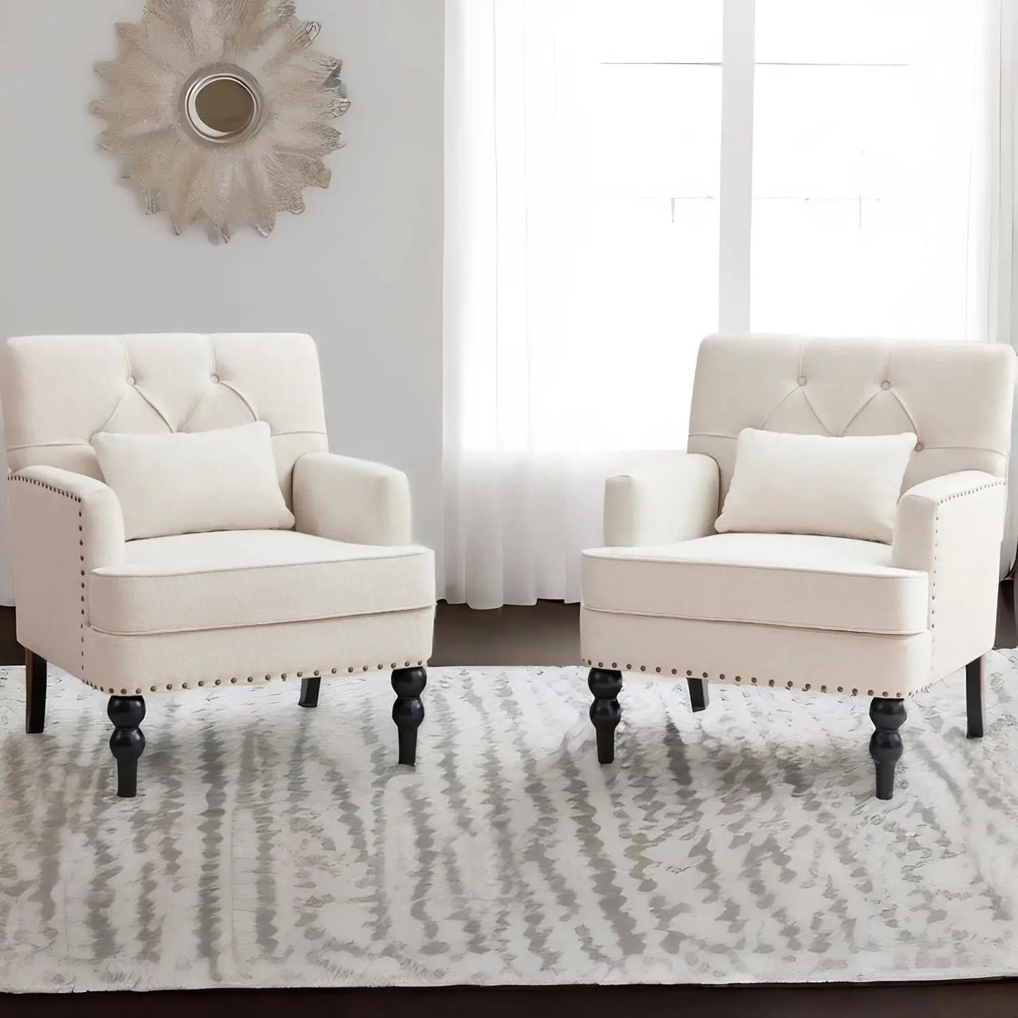 Upholstered Tufted Club Chair Set, Set of 2, Lumbar Pillow, Beige