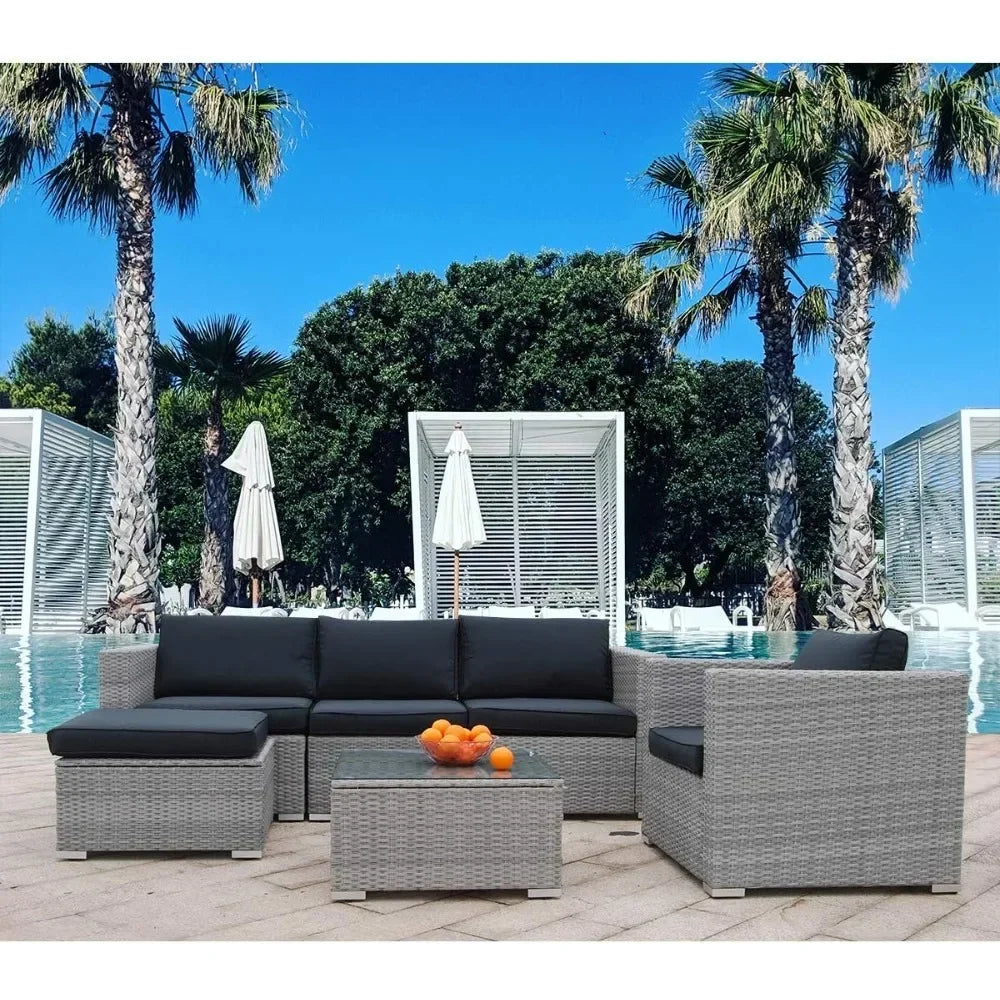 Gray Rattan Outdoor Sofa Set, Glass Top Coffee Table, 2 Colors - Seat Cushions