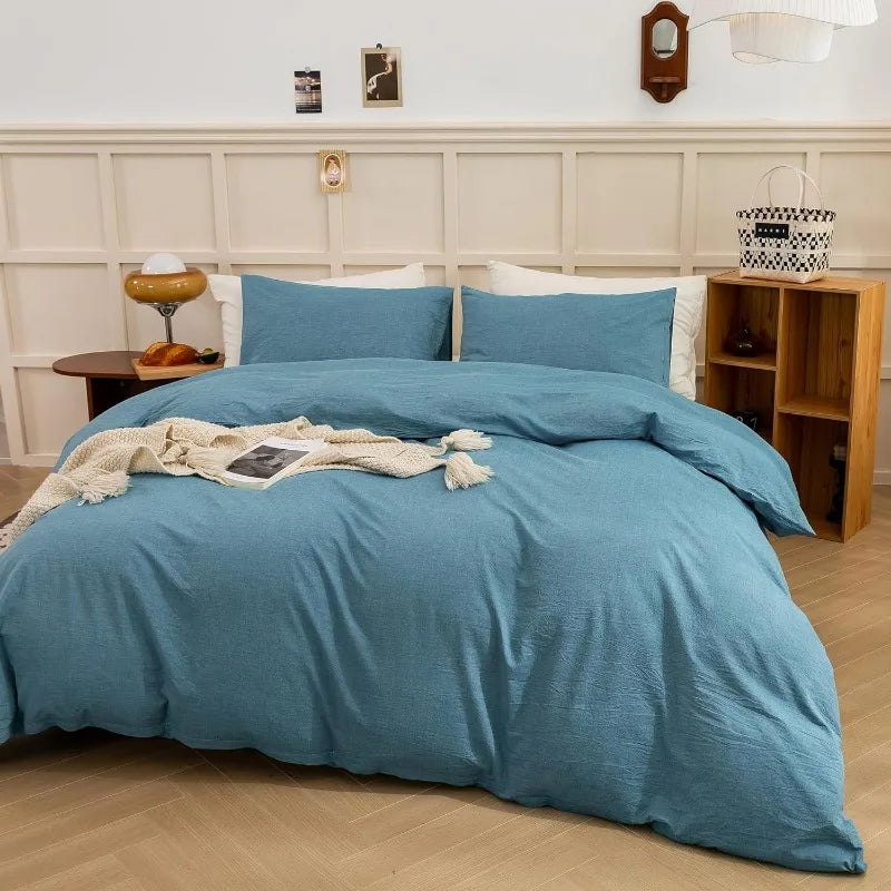 3 Piece Duvet Set, 100% Washed Cotton, With Zipper and 2 Pillowcases, Easy Care, 29 Colors, 3 Sizes