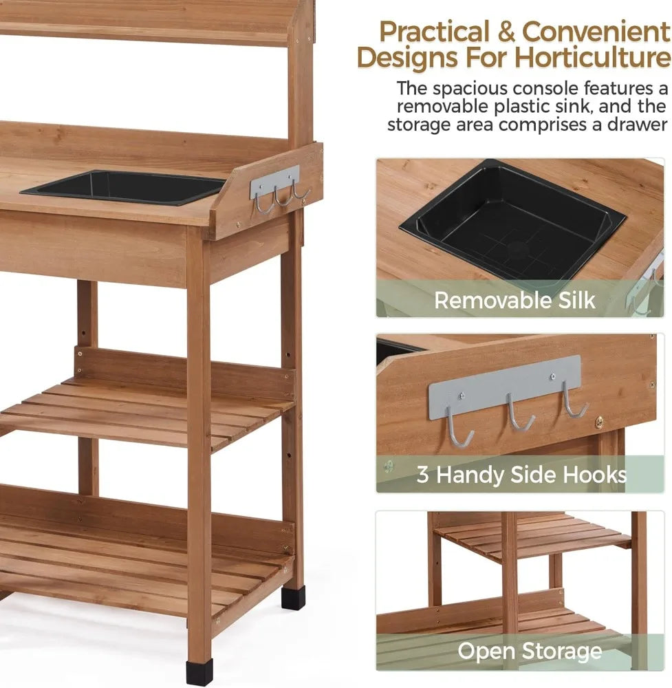 Outdoor Potting Bench/Work Bench, Removable Sink Drawer Rack, 45.2 Inch L X 17.7 Inch W X 47.6 Inch H, 3 Colors