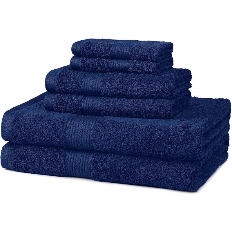 6 Piece Fade Resistant Cotton Bath Towel Set, (2 Bath/2 Hand/2 Washcloths). Navy Blue