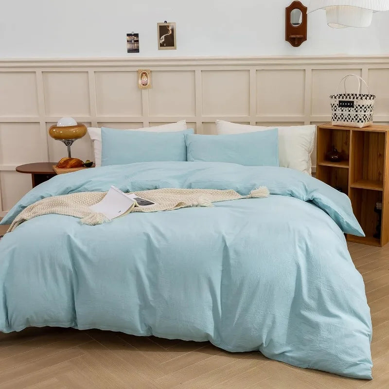 3 Piece Duvet Set, 100% Washed Cotton, With Zipper and 2 Pillowcases, Easy Care, 29 Colors, 3 Sizes