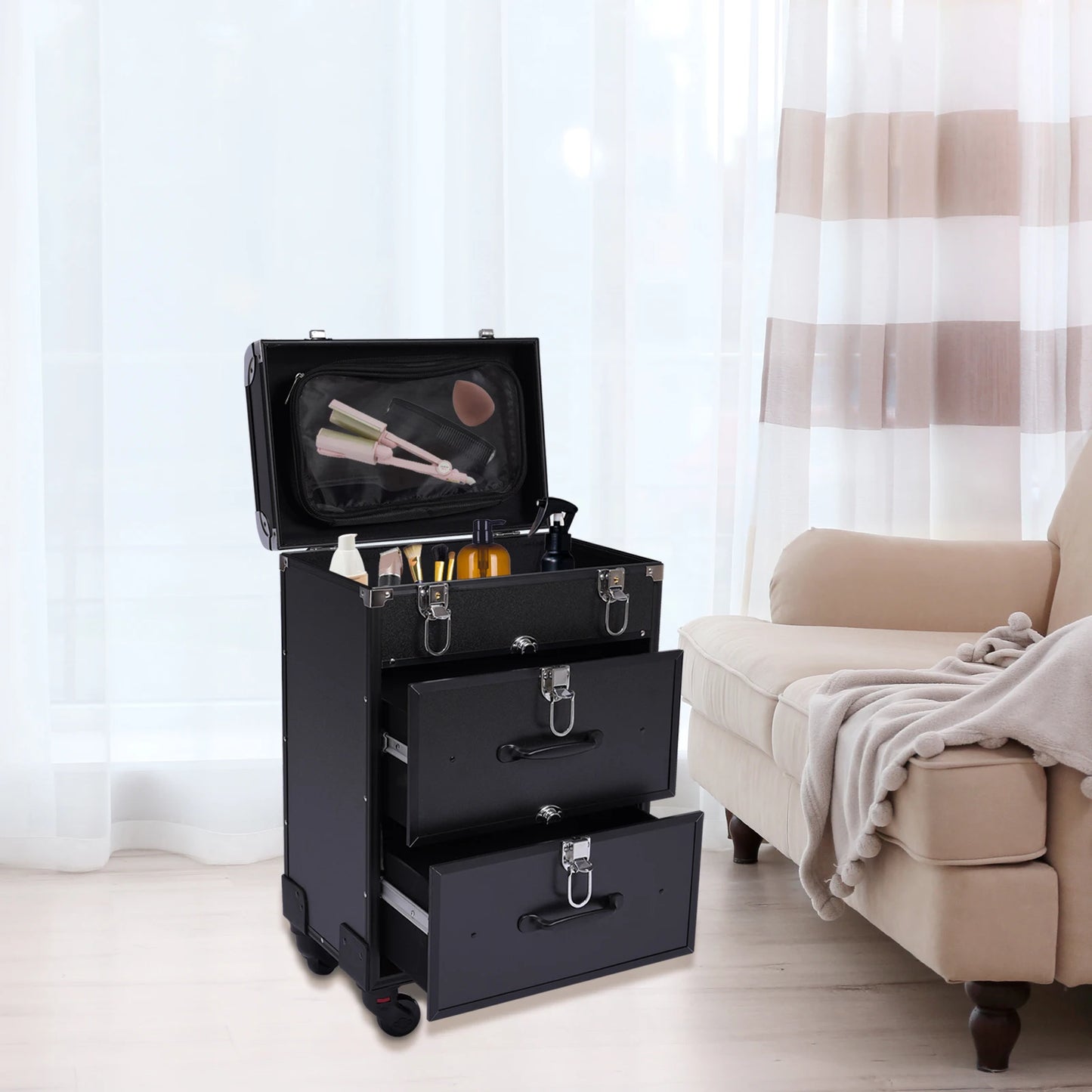 3 Tier Rolling Makeup Case Storage, with Locks, Professional Cosmetic Trolley, 2 Colors