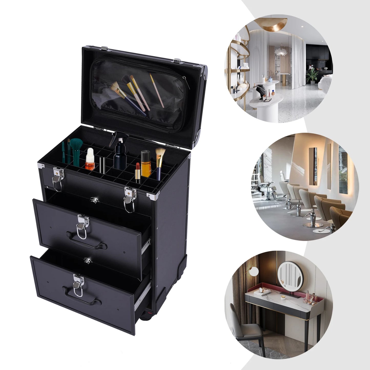 3 Tier Rolling Makeup Case Storage, with Locks, Professional Cosmetic Trolley, 2 Colors