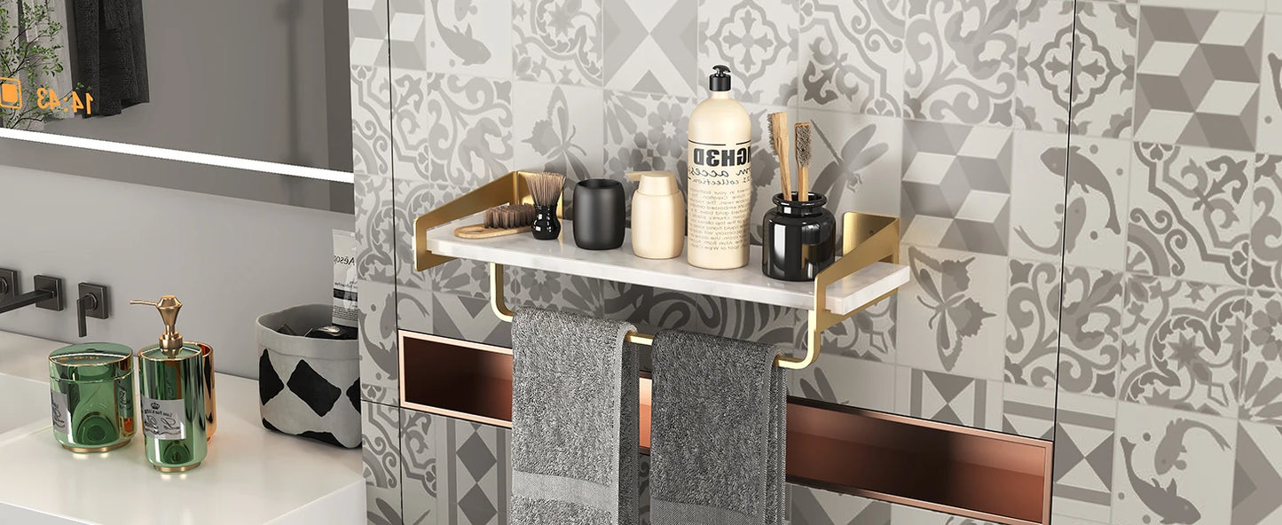 Marble Bathroom Shelf, with Towel Bar, 16 Inch Metal Wall Mount, Gold