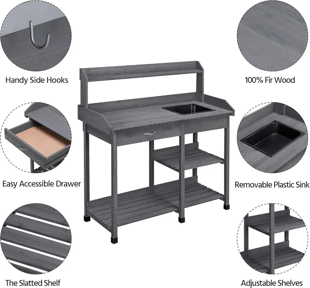 Outdoor Potting Bench/Work Bench, Removable Sink Drawer Rack, 45.2 Inch L X 17.7 Inch W X 47.6 Inch H, 3 Colors