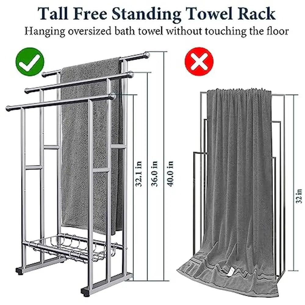 3 Tier Towel Rack with Storage Basket,  Freestanding for Drying & Display, Anti-Slip Feet