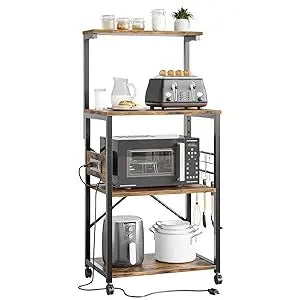 4 Tier Bakers Rack with Power Outlet, 6 "S" Shaped Hooks