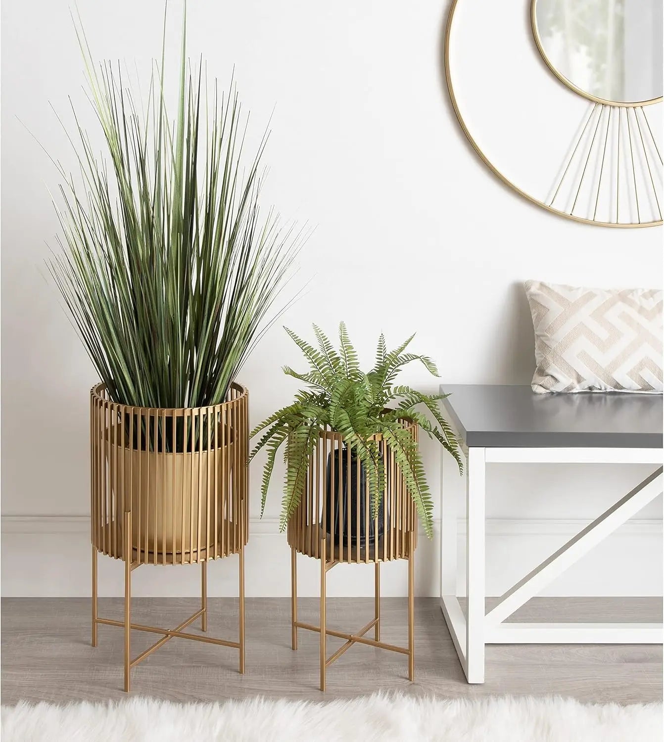 2 Piece Metal Floor Planter Set, with Foldable Stand, Gold Color