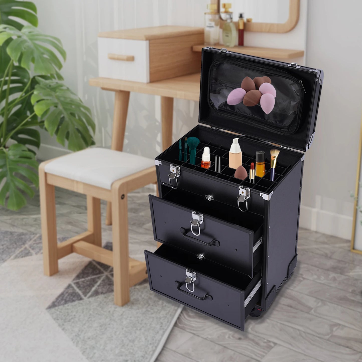 3 Tier Rolling Makeup Case Storage, with Locks, Professional Cosmetic Trolley, 2 Colors