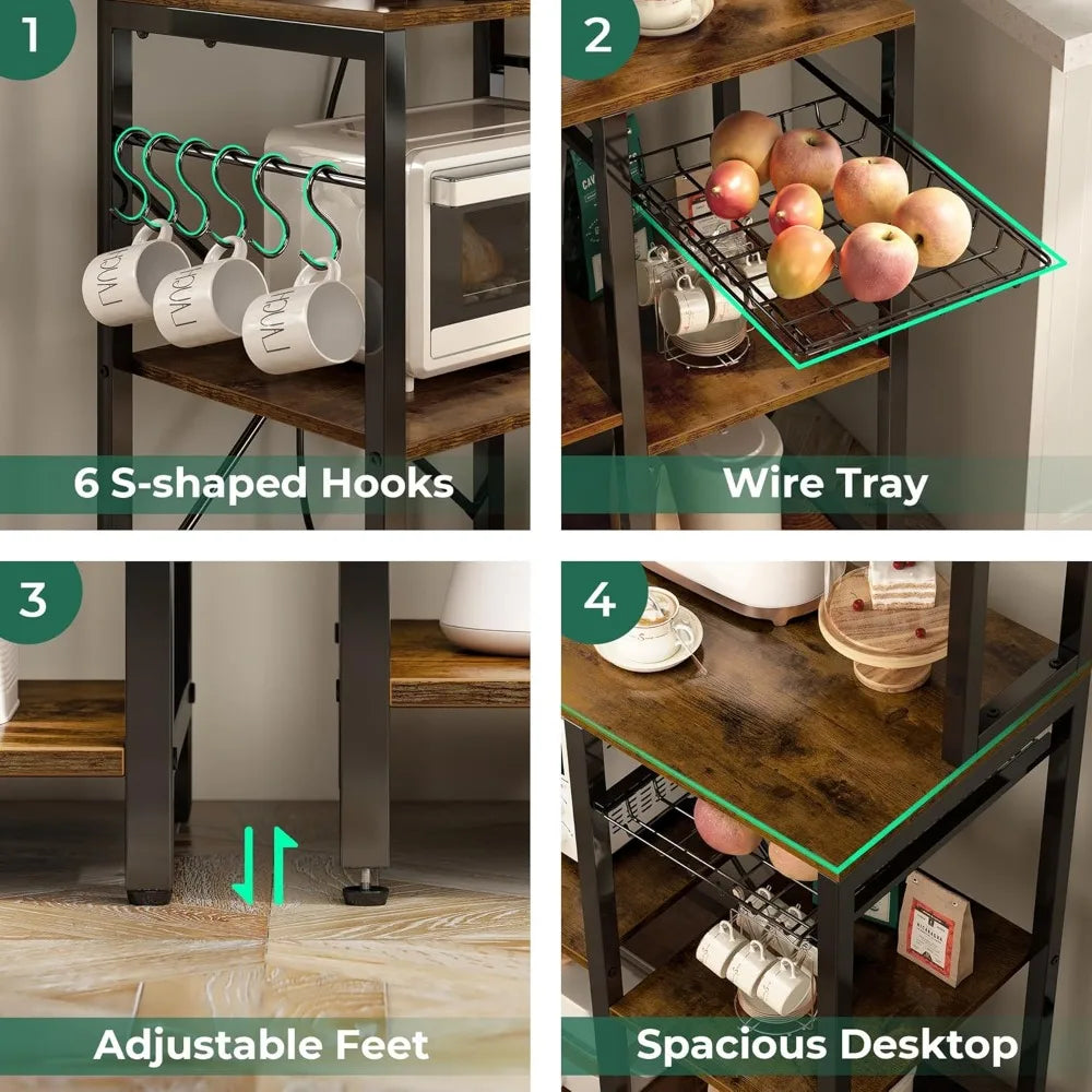 35.4 Inch Bakers Rack with Power Outlet, Wire Basket and 6 "S" Shaped Hooks