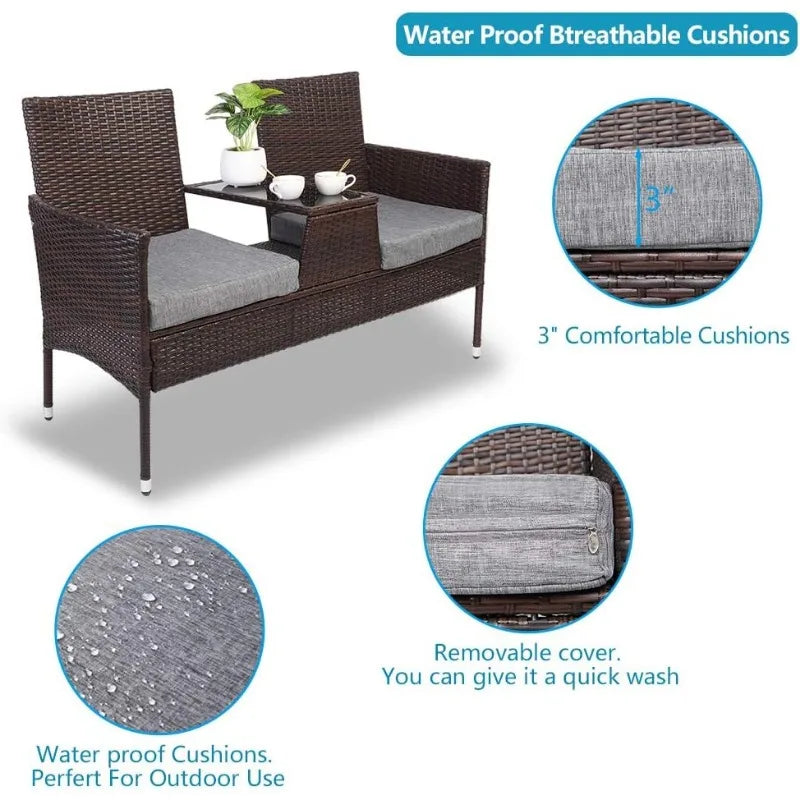 Wicker Outdoor Loveseat, with Cushion, and Built-In Table