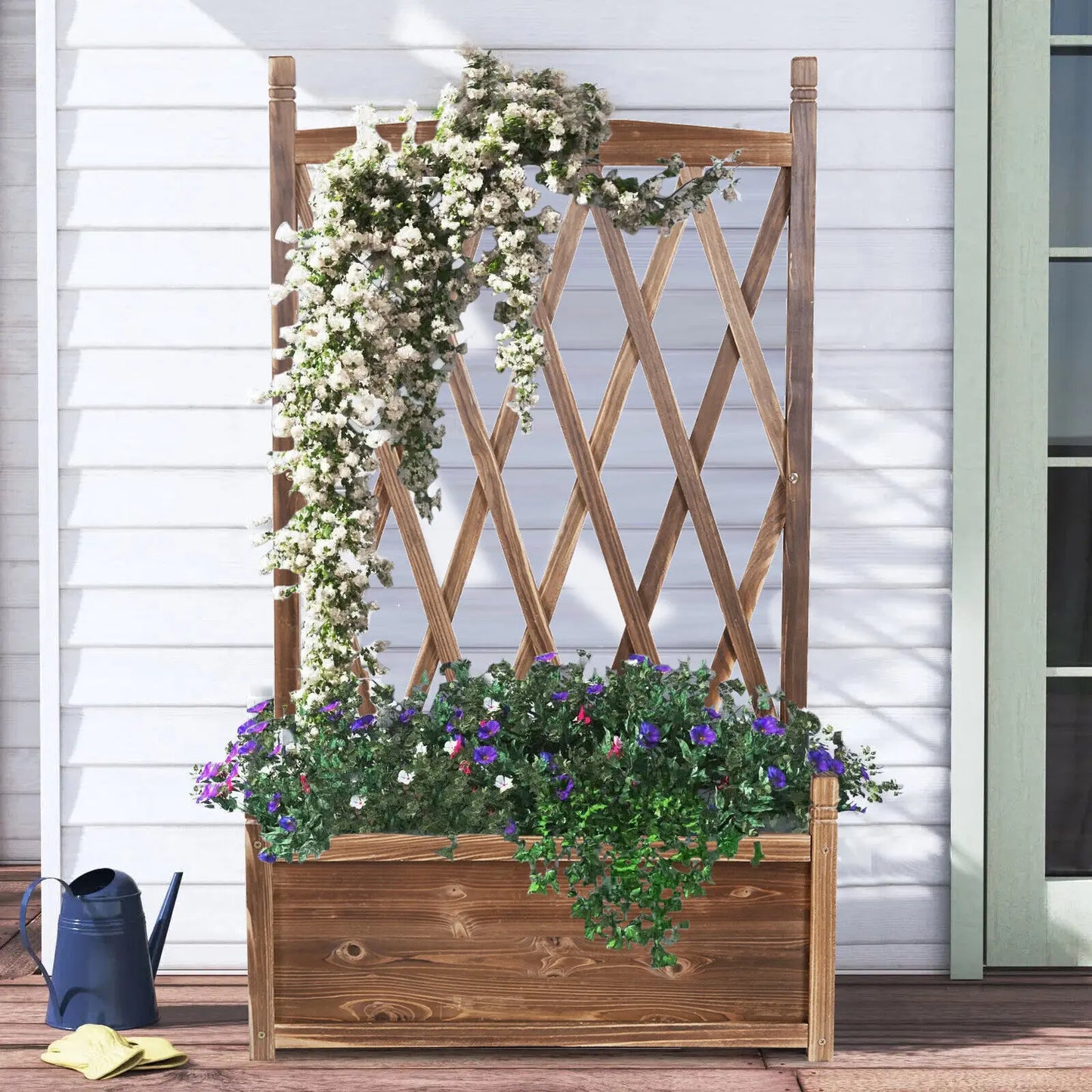 Raised Wooden Elevated Planter Box, with Trellis, Brown