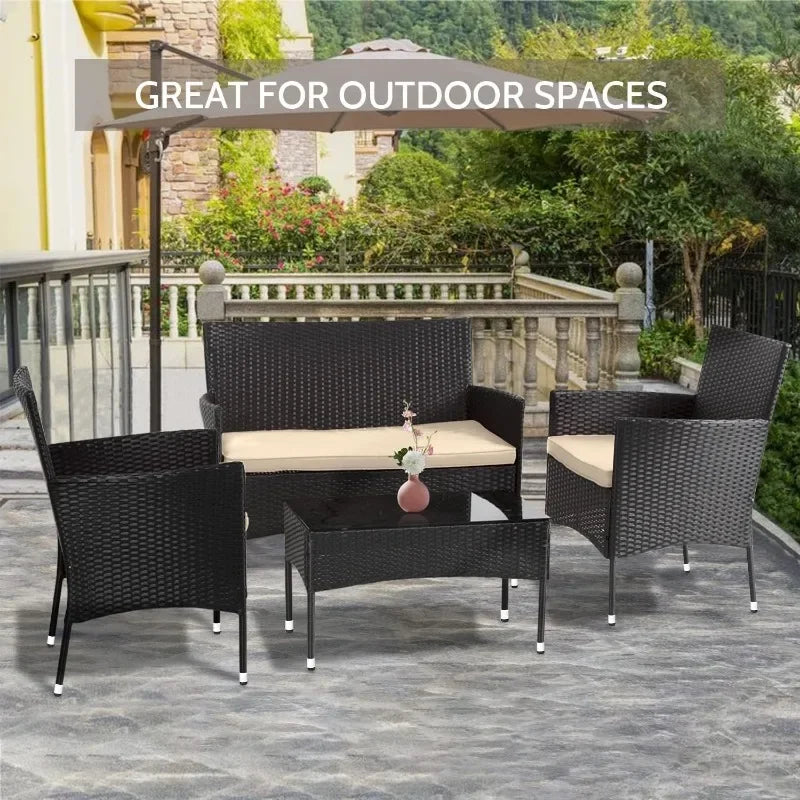 Wicker/Rattan Patio Furniture Set, 4 Pieces (Loveseat, 2 Chairs & Table) 7 Colors