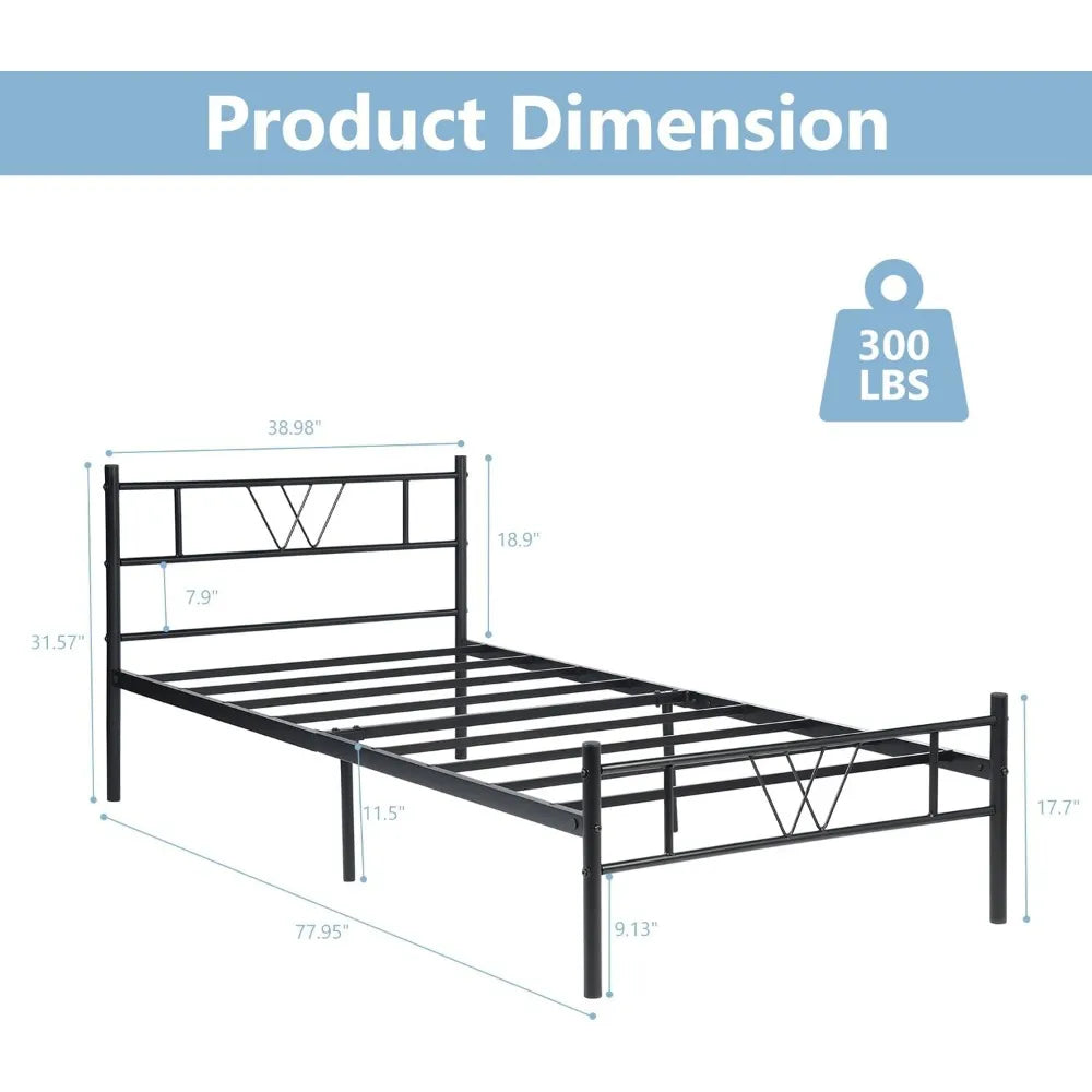 Black Bed Frame, Double Bed, Heavy-Duty Mattress Foundation, No Box Spring Required