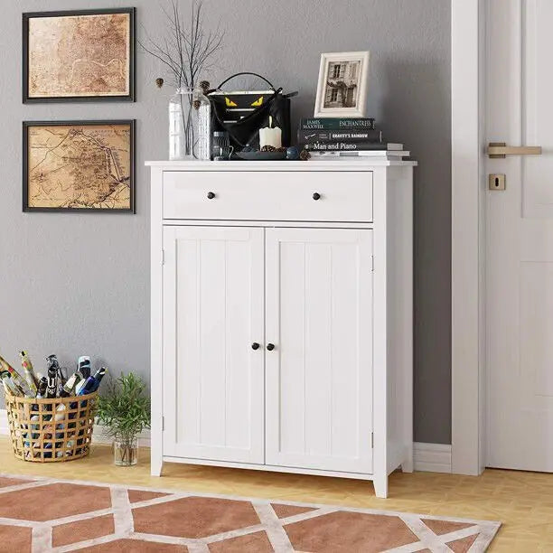 Wooden Floor Cabinet, Bathroom Storage, Adjustable Shelves, White