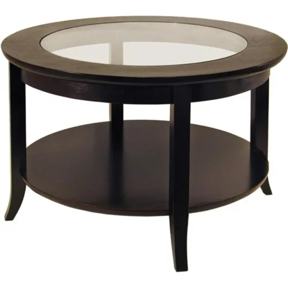 Round Wooden Coffee Table, with Glass Top, Espresso Finish