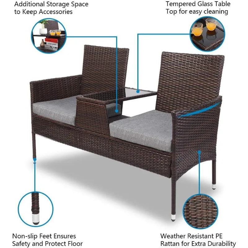 Wicker Outdoor Loveseat, with Cushion, and Built-In Table