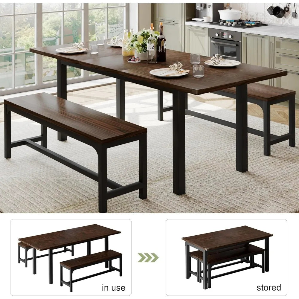 63 Inch Extendable Dining Room or Kitchen Table, Seats 4 Persons, Includes 2 Benches, 3 Pcs