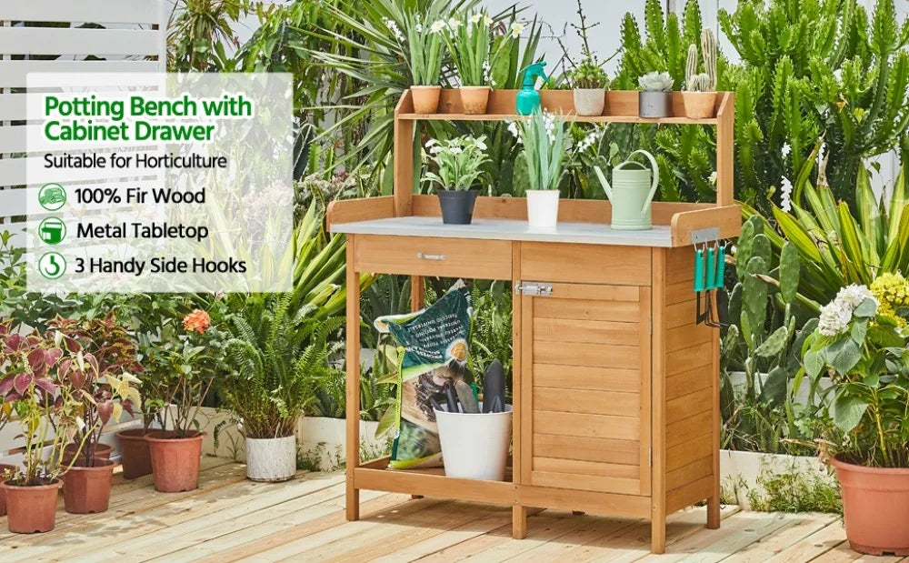 Outdoor Potting Bench, Plant Work Station, Top Work Area, with Drawer & Cabinet, 2 Colors