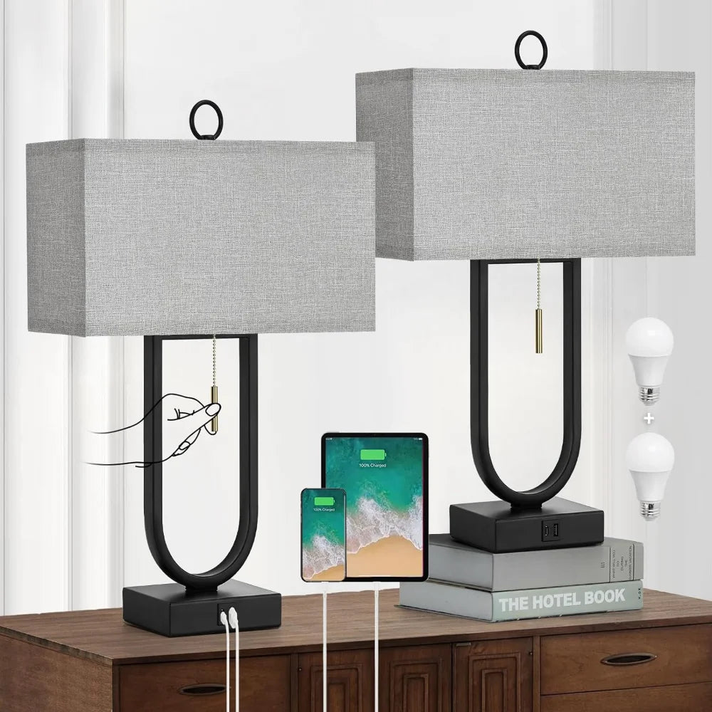 24 Inch Table Lamp Set, with USB Port, Linen Lampshade, Set of 2, 2 Colors