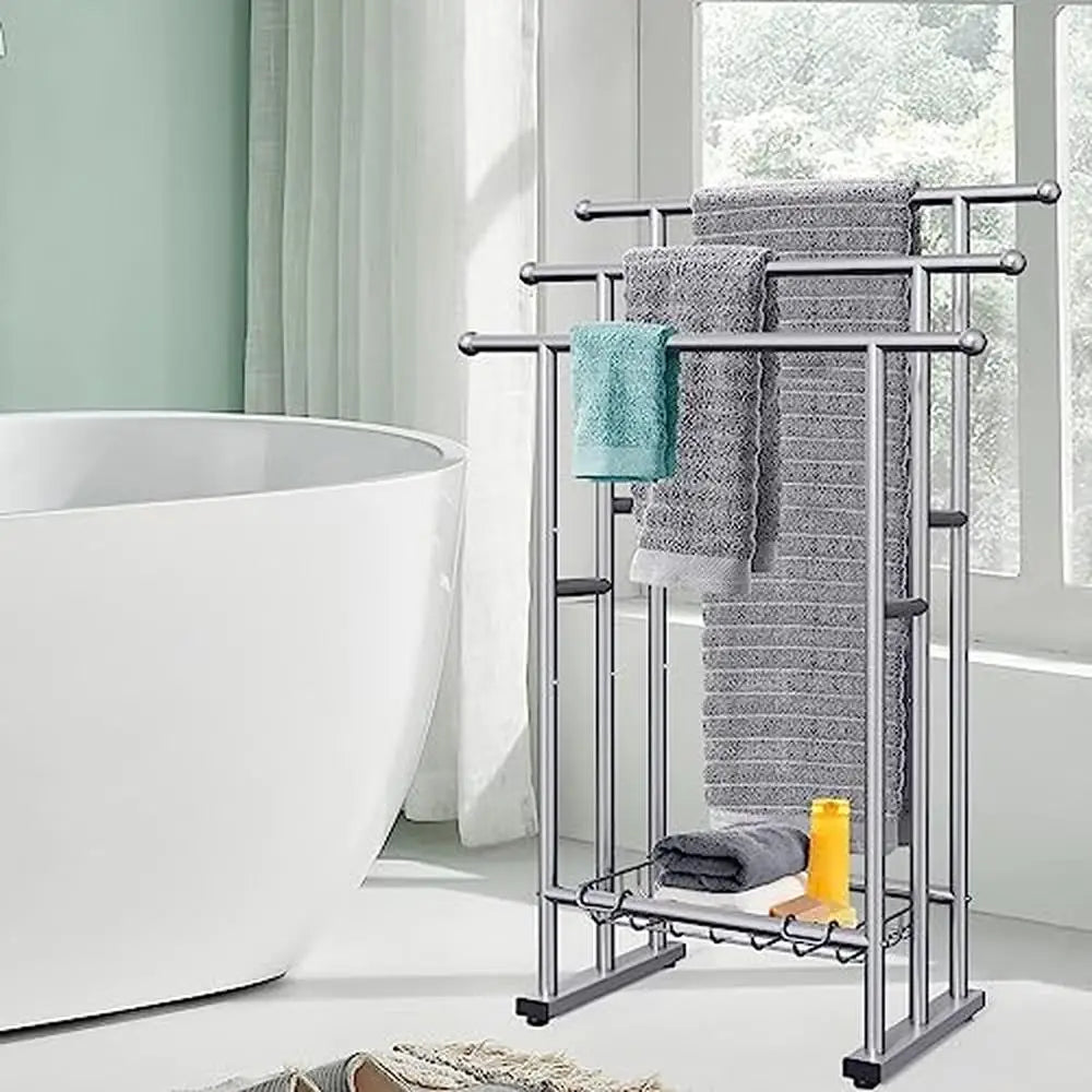 3 Tier Towel Rack with Storage Basket,  Freestanding for Drying & Display, Anti-Slip Feet