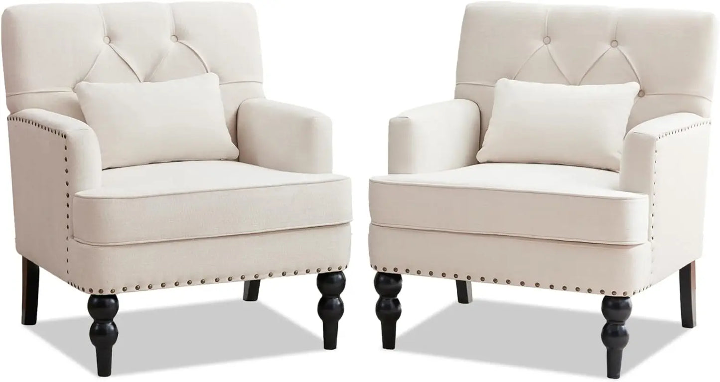 Upholstered Tufted Club Chair Set, Set of 2, Lumbar Pillow, Beige