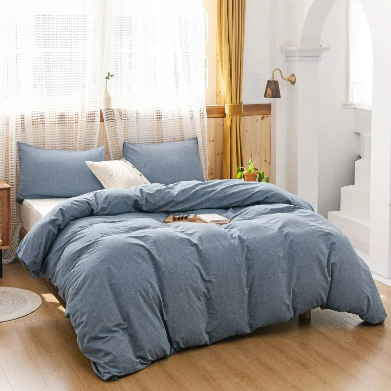 3 Piece Duvet Set, 100% Washed Cotton, With Zipper and 2 Pillowcases, Easy Care, 29 Colors, 3 Sizes