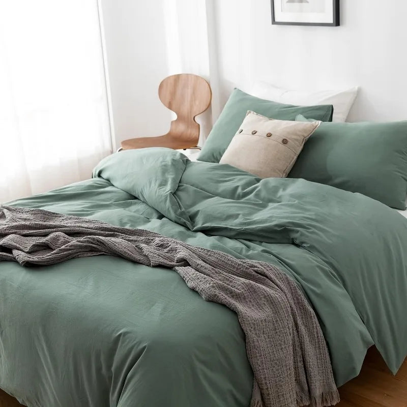 3 Piece Duvet Set, 100% Washed Cotton, With Zipper and 2 Pillowcases, Easy Care, 29 Colors, 3 Sizes