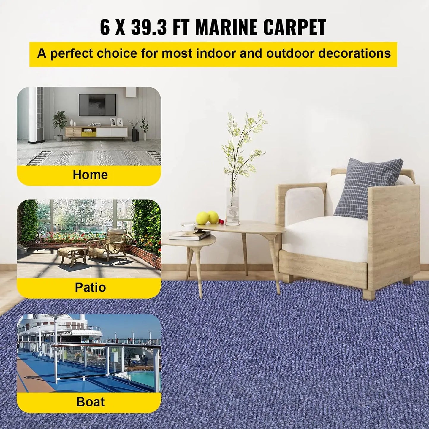 Outdoor Rug for Boats/Patio, Marine Grade Rug, 6 ft X 52.5 ft,  Waterproof, Deep Blue