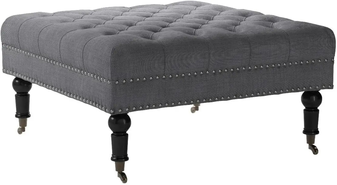 34 Inch Linen Ottoman/Footstool Bench, Button Tufted Top, with Caster Wheels, Grey