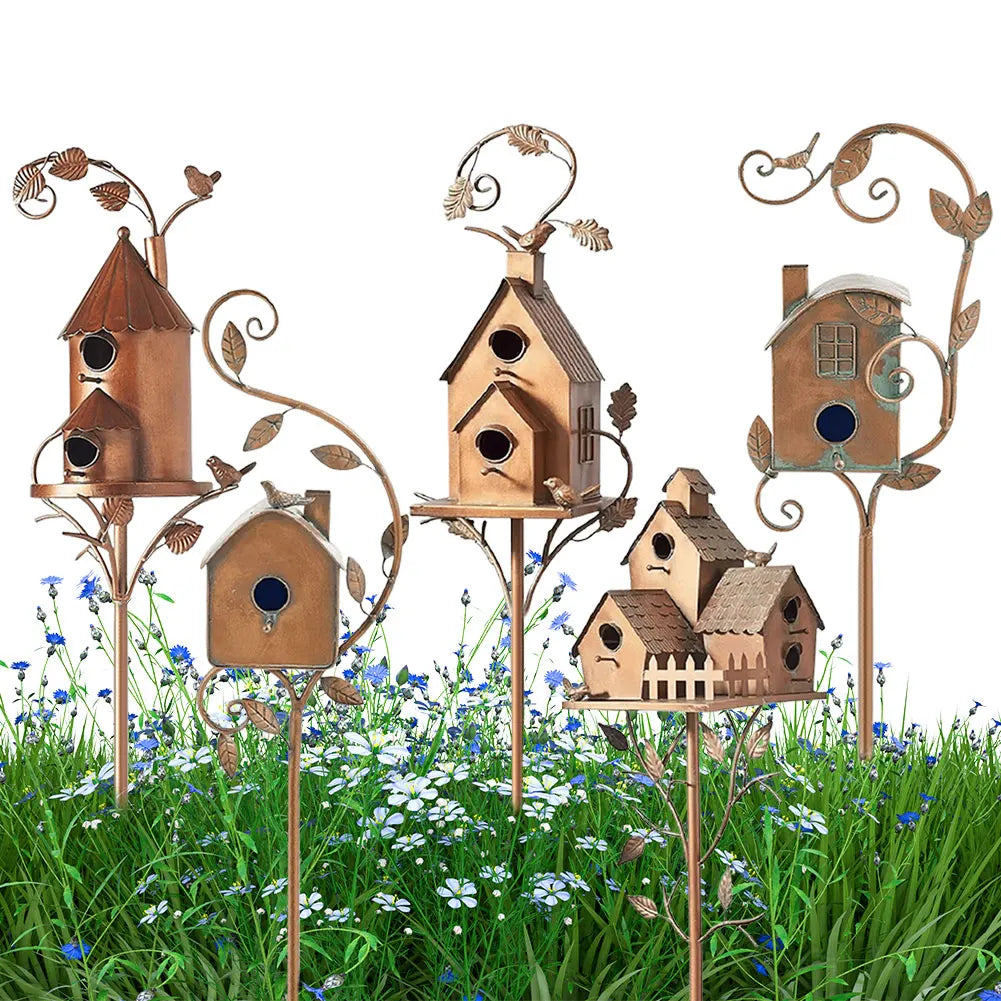 Metal Bird House, On Metal Pole, Outdoor, 5 Styles