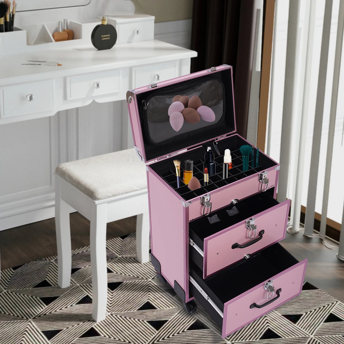 3 Tier Rolling Makeup Case Storage, with Locks, Professional Cosmetic Trolley, 2 Colors