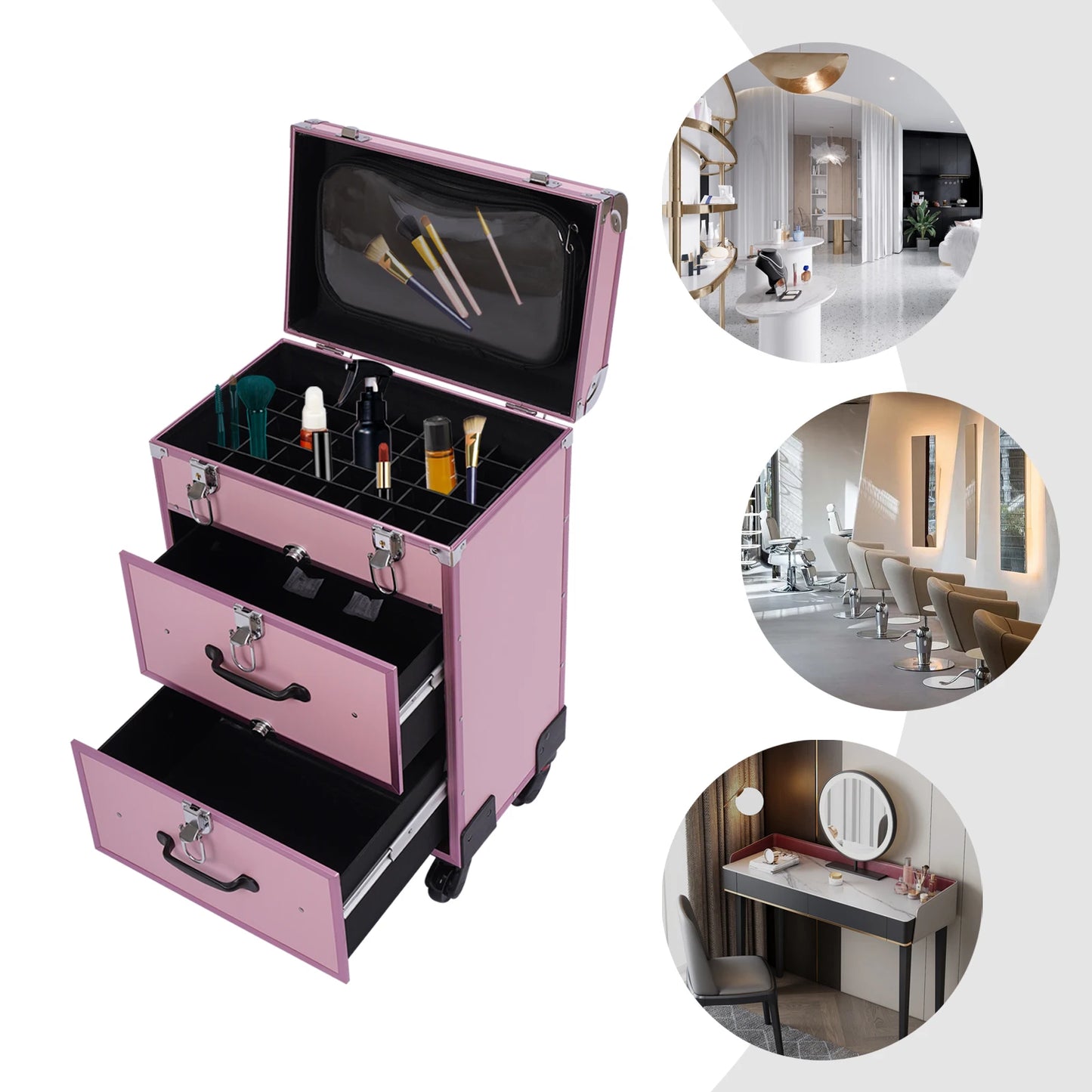 3 Tier Rolling Makeup Case Storage, with Locks, Professional Cosmetic Trolley, 2 Colors