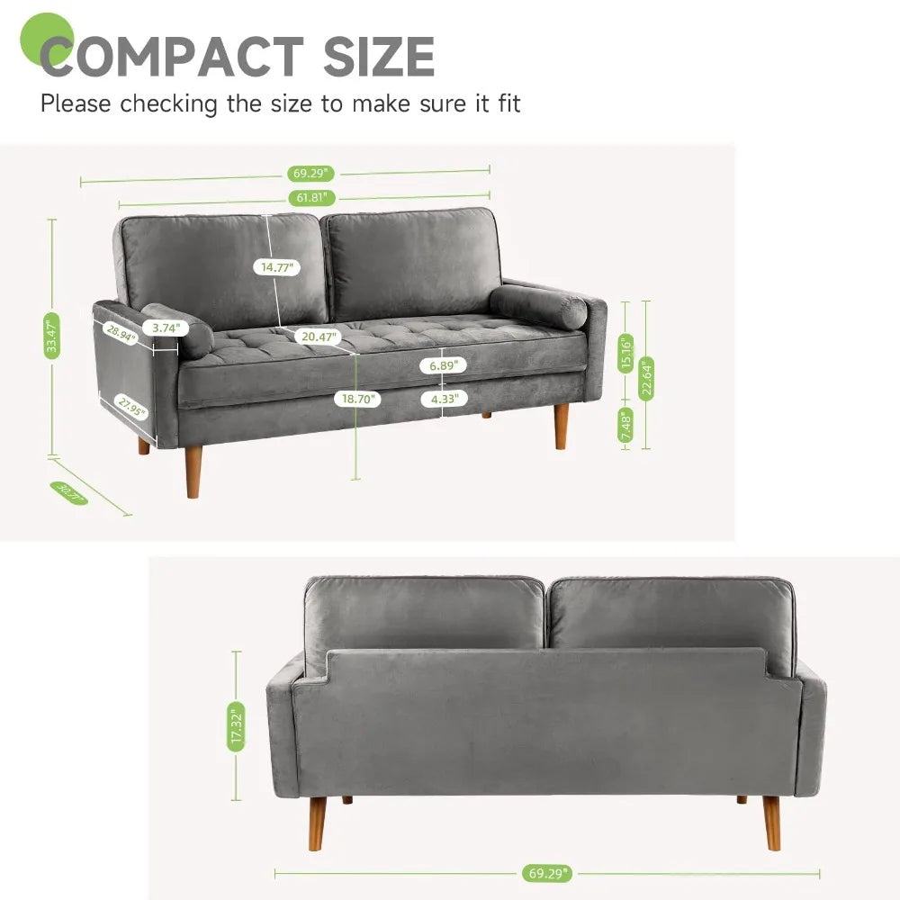 Modern Loveseat/Sofa, with Button Tufted Seat Cushion, Velvet with 2 Bolster Pillows, 2 Sizes/2 Colors