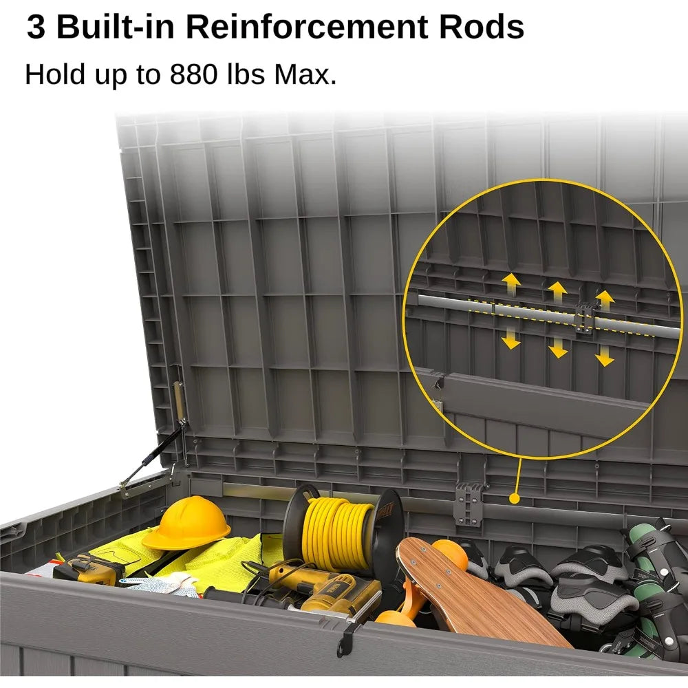 Outdoor Storage Box, 230 Gallon Lockable Container, for Tools, Accessories & Cushions, Grey