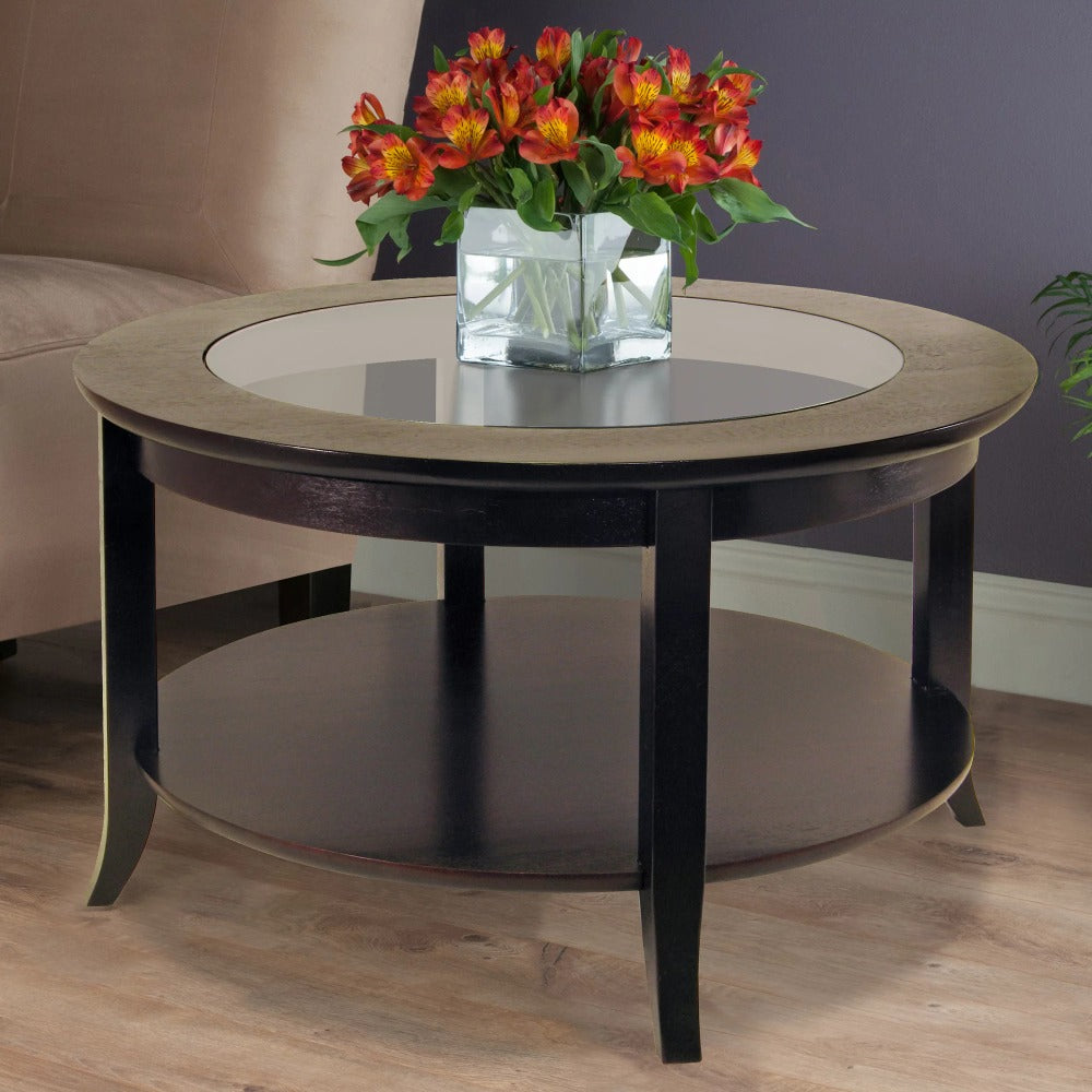 Round Wooden Coffee Table, with Glass Top, Espresso Finish