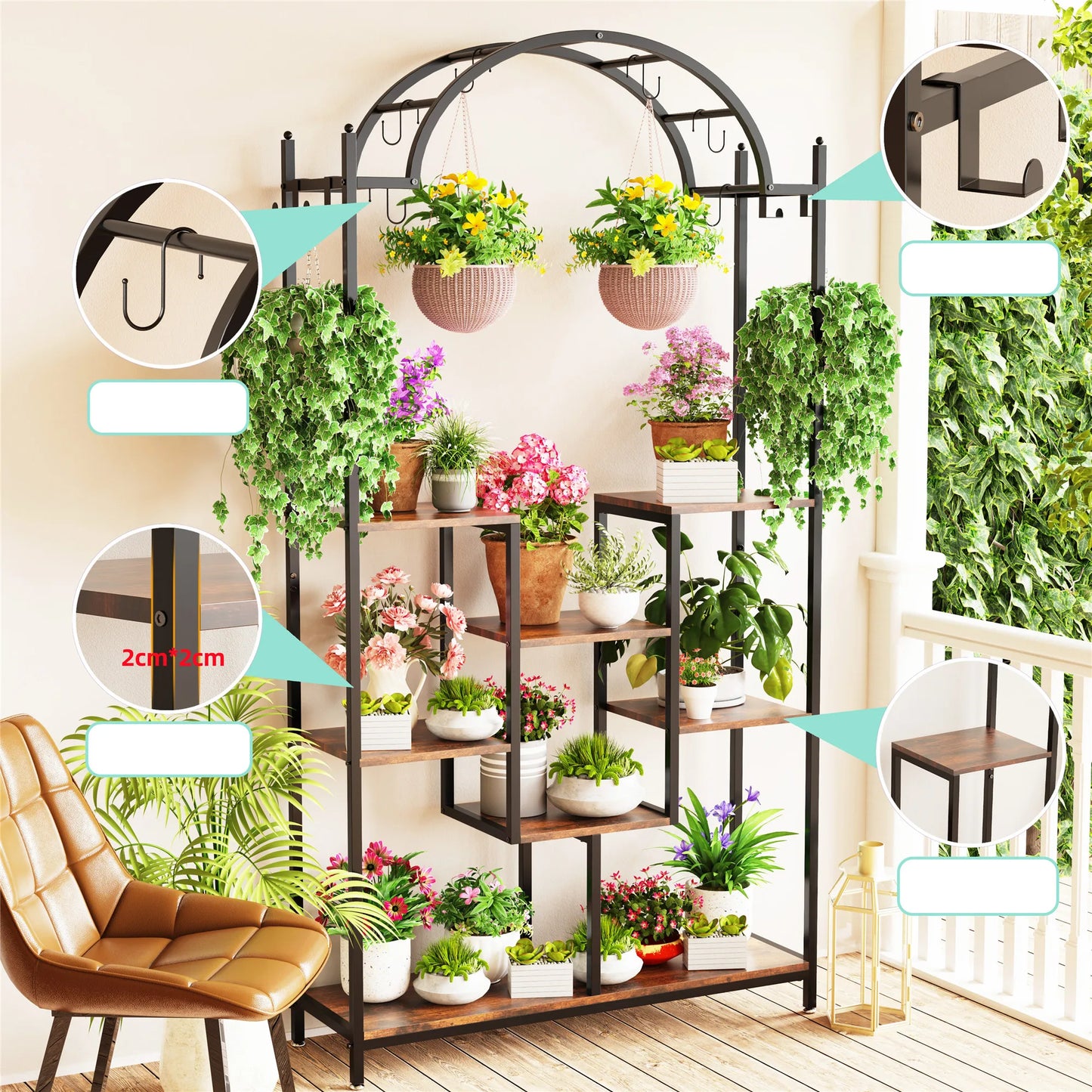 5-Tier Indoor/Outdoor Plant Stand, 74.8 Inch Arched Plant Display, Metal with Hanging Hooks