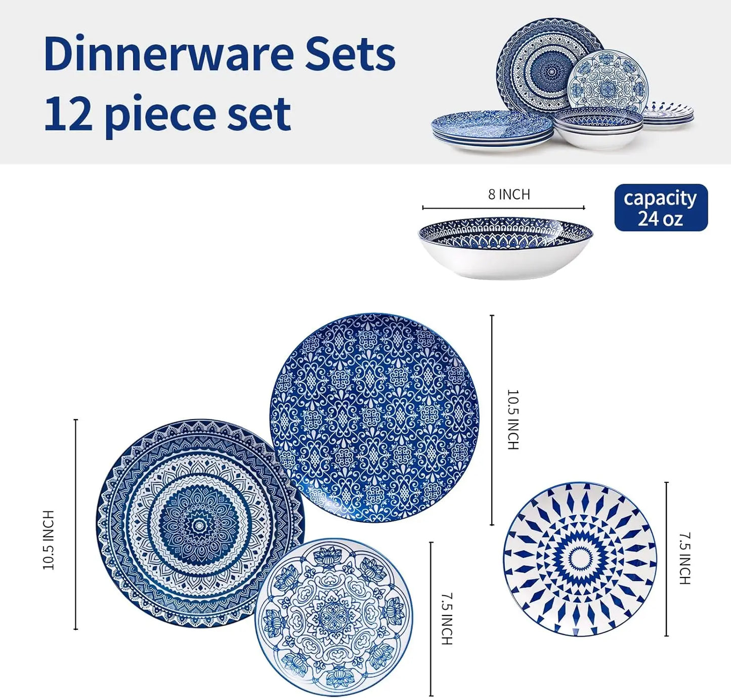 Ceramic Dinnerware Set, 12 Pieces (4 Dinner Plates, 4 Salad/Dessert Plates, 4 Cereal Bowls), Vintage Blue