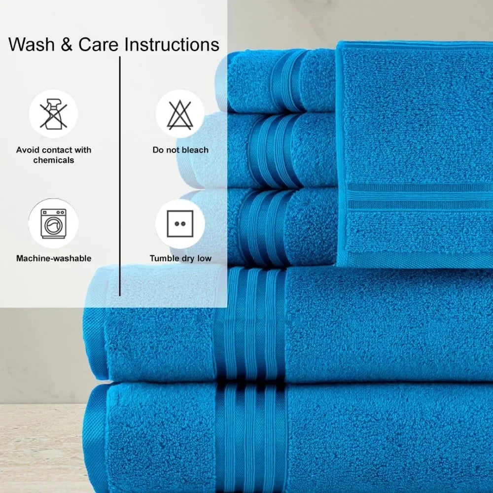 Extra Large Bath Towels Set, Light Weight, Super Absorbent, 100% Cotton, Set (2 Bath/2 Hand/2 Washcloths), Teal Blue