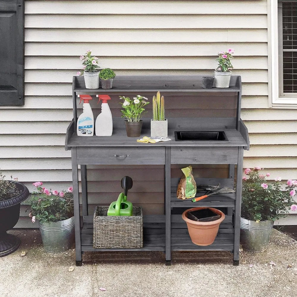 Outdoor Potting Bench/Work Bench, Removable Sink Drawer Rack, 45.2 Inch L X 17.7 Inch W X 47.6 Inch H, 3 Colors