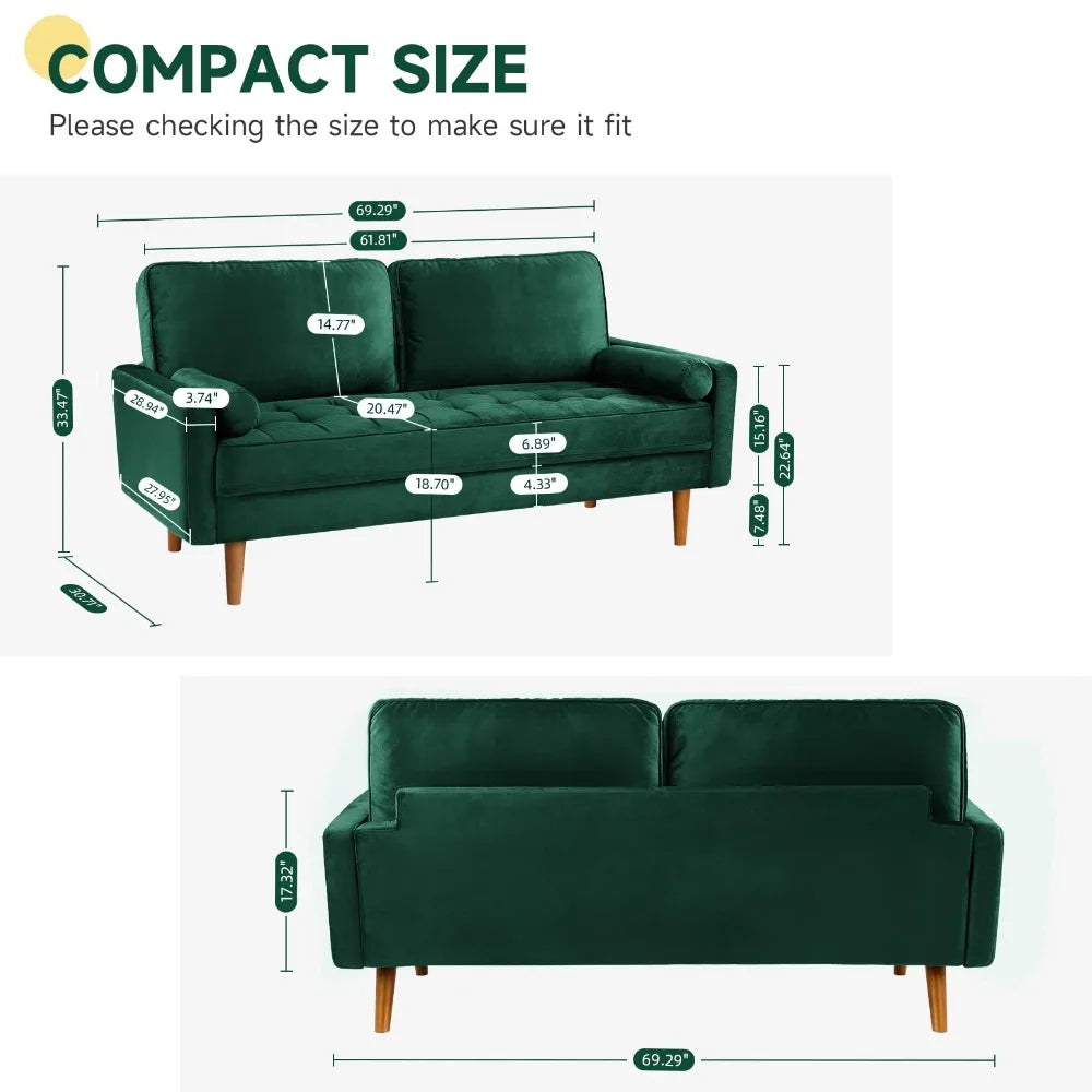 Modern Loveseat/Sofa, with Button Tufted Seat Cushion, Velvet with 2 Bolster Pillows, 2 Sizes/2 Colors