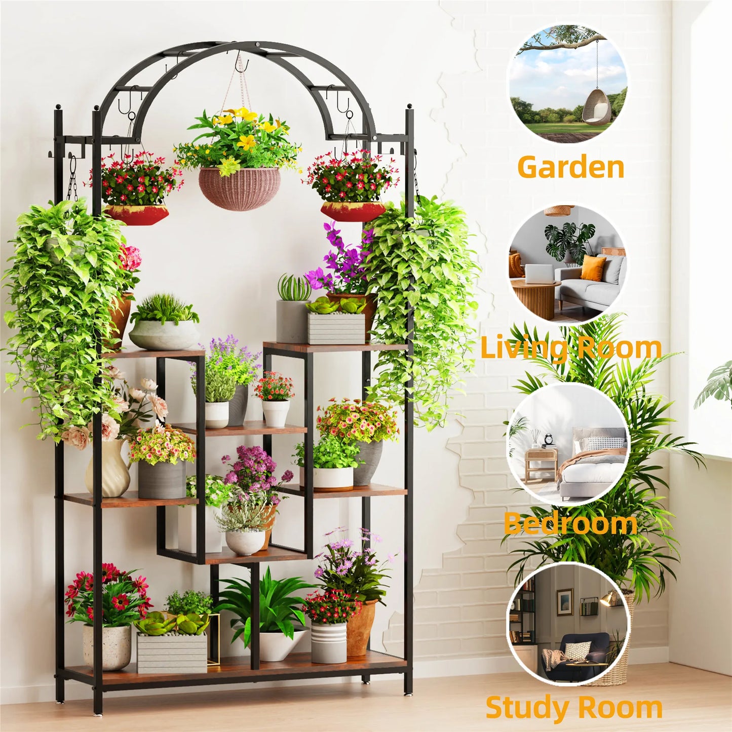 5-Tier Indoor/Outdoor Plant Stand, 74.8 Inch Arched Plant Display, Metal with Hanging Hooks