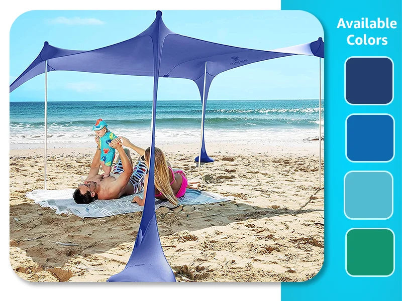 Sun Shelter Tent, with Ground Pegs and Stability Poles, includes Sand Shovel, Blue Only