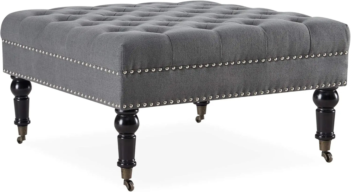 34 Inch Linen Ottoman/Footstool Bench, Button Tufted Top, with Caster Wheels, Grey