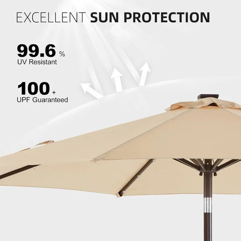 9 Ft. Outdoor Solar LED Patio Umbrella, With Tilt/Crank, 32 LED LIghts, Fade Resistant, Beige