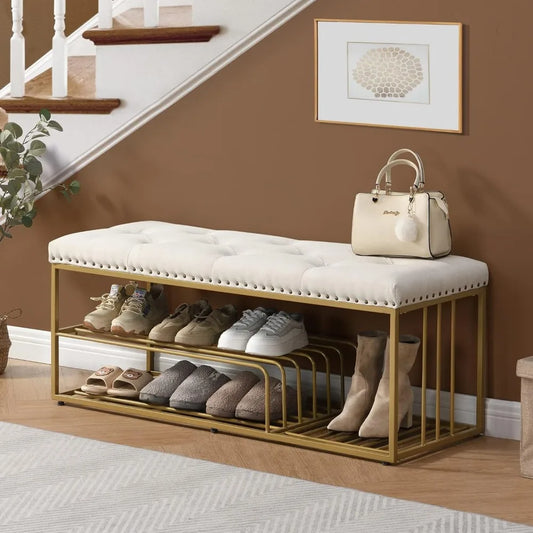 Entryway Ottoman/Storage Bench, Gold Metal Frame/Beige Padded Seat