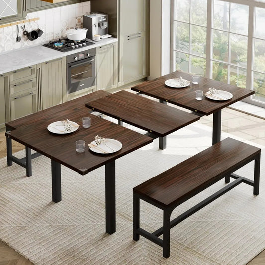 63 Inch Extendable Dining Room or Kitchen Table, Seats 4 Persons, Includes 2 Benches, 3 Pcs