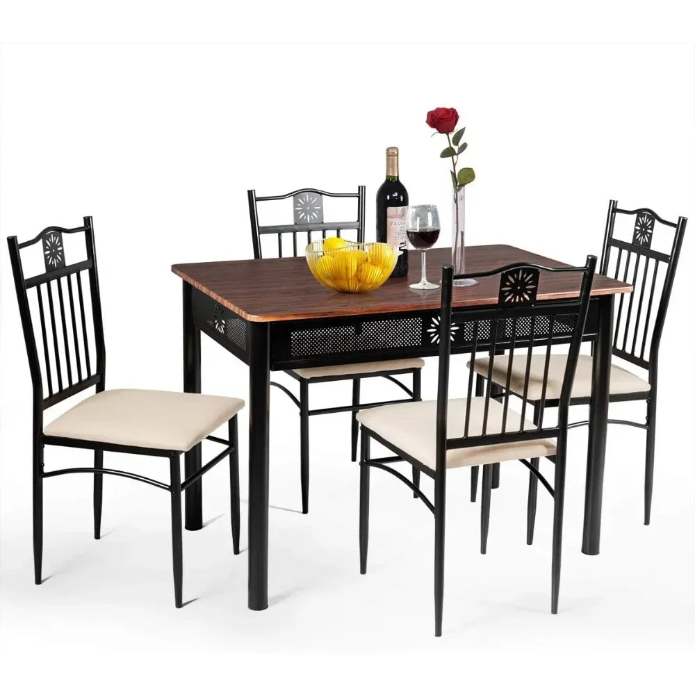 5 Piece Dining Table and Chairs Set, Wood Top with Metal Frame, Padded Seats, 2 Colors